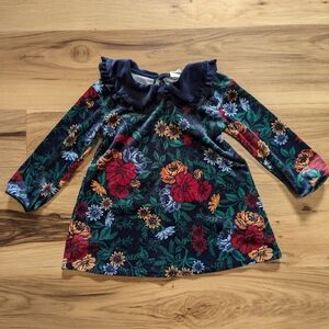 H&M Size 2T Velour Navy Blue Floral Long Sleeve Dress Ruffle Collar